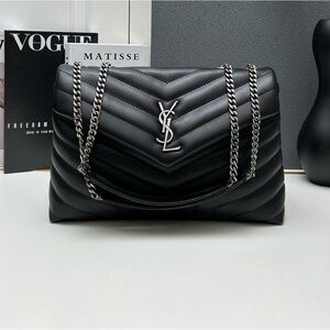 Yves Saint Laurent Black Quilted Chevron Shoulder Bag with Silver Chain